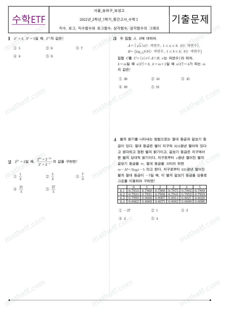 보성고등학교 2022년 2학년 1학기 중간고사 수학I 수학 기출문제 미리보기 1페이지
