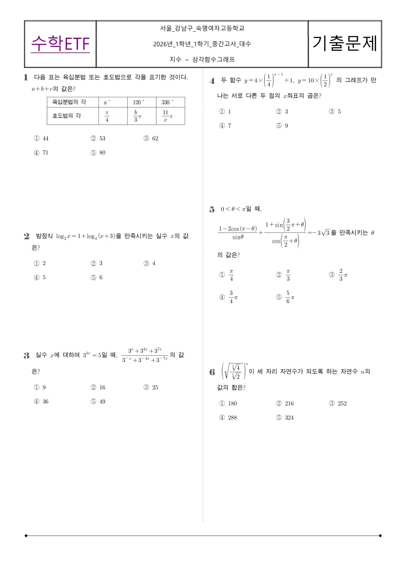 숙명여자고등학교 2026년 2학년 1학기 중간고사 대수 수학 기출문제 미리보기 1페이지