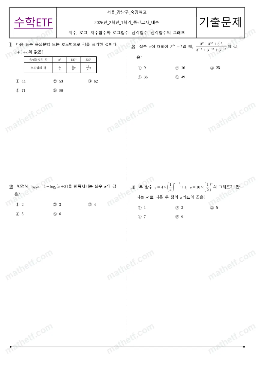 숙명여자고등학교 2026년 2학년 1학기 중간고사 대수 수학 기출문제 미리보기 1페이지