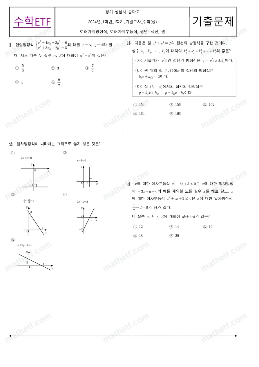 돌마고등학교 2024년 1학년 1학기 기말고사 수학(상) 수학 기출문제 미리보기 1페이지