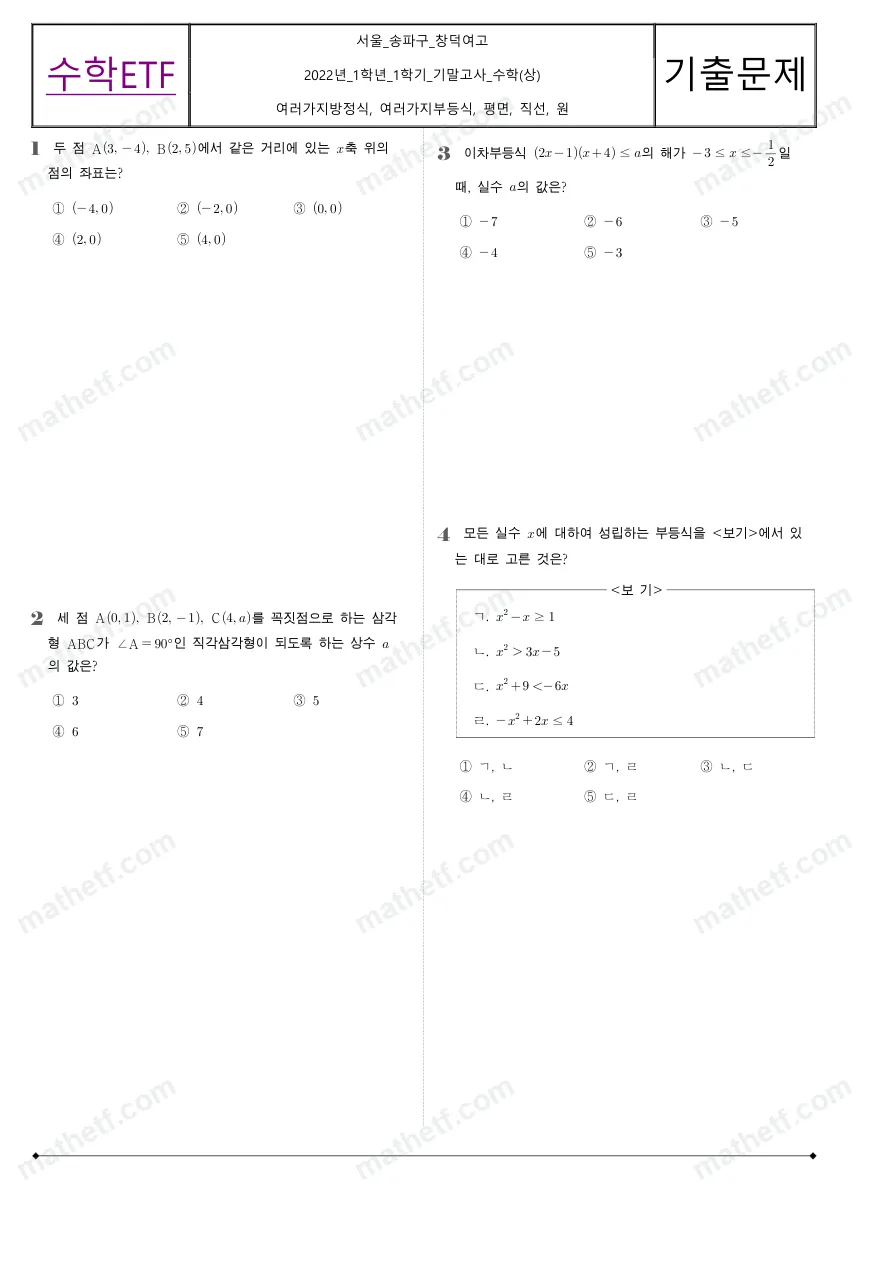 창덕여자고등학교 2022년 1학년 1학기 기말고사 수학(상) 수학 기출문제 미리보기 1페이지