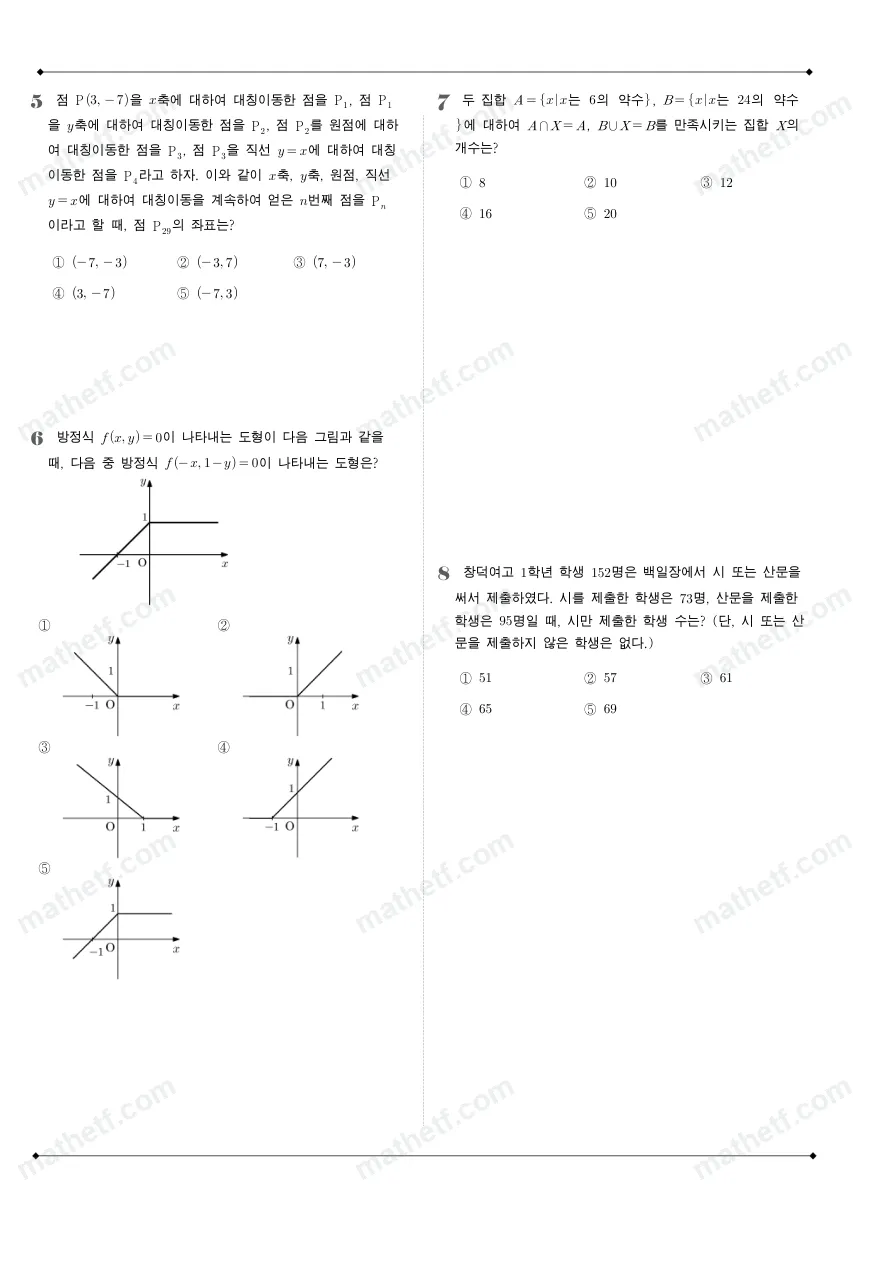 창덕여자고등학교 2024년 1학년 2학기 중간고사 수학(하) 수학 기출문제 미리보기 2페이지