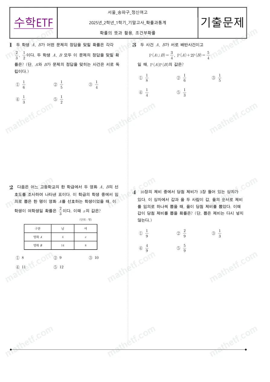 정신여자고등학교 2025년 2학년 1학기 기말고사 확률과통계 수학 기출문제 미리보기 1페이지