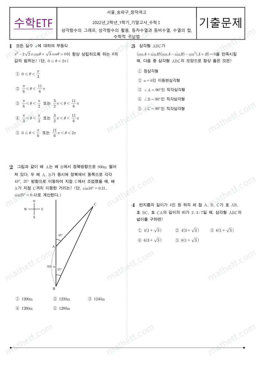 창덕여자고등학교 2022년 2학년 1학기 기말고사 수학I 수학 기출문제 미리보기 1페이지
