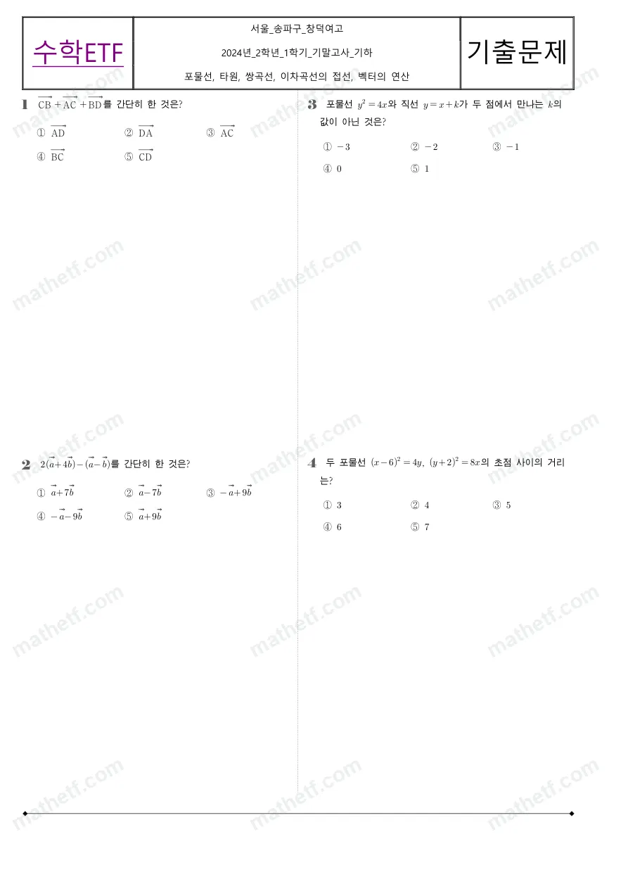 창덕여자고등학교 2024년 2학년 1학기 기말고사 기하 수학 기출문제 미리보기 1페이지