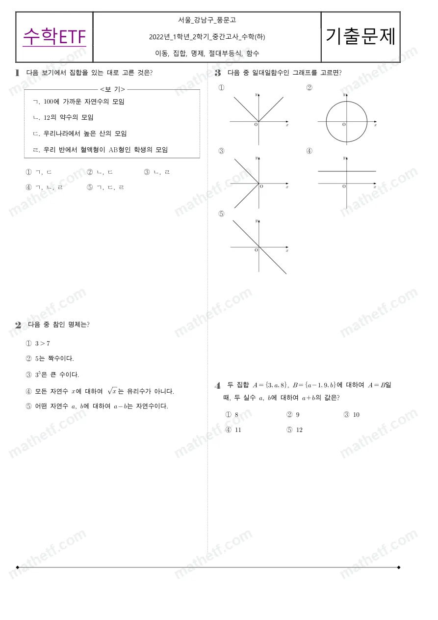 풍문고등학교 2022년 1학년 2학기 중간고사 수학(하) 수학 기출문제 미리보기 1페이지