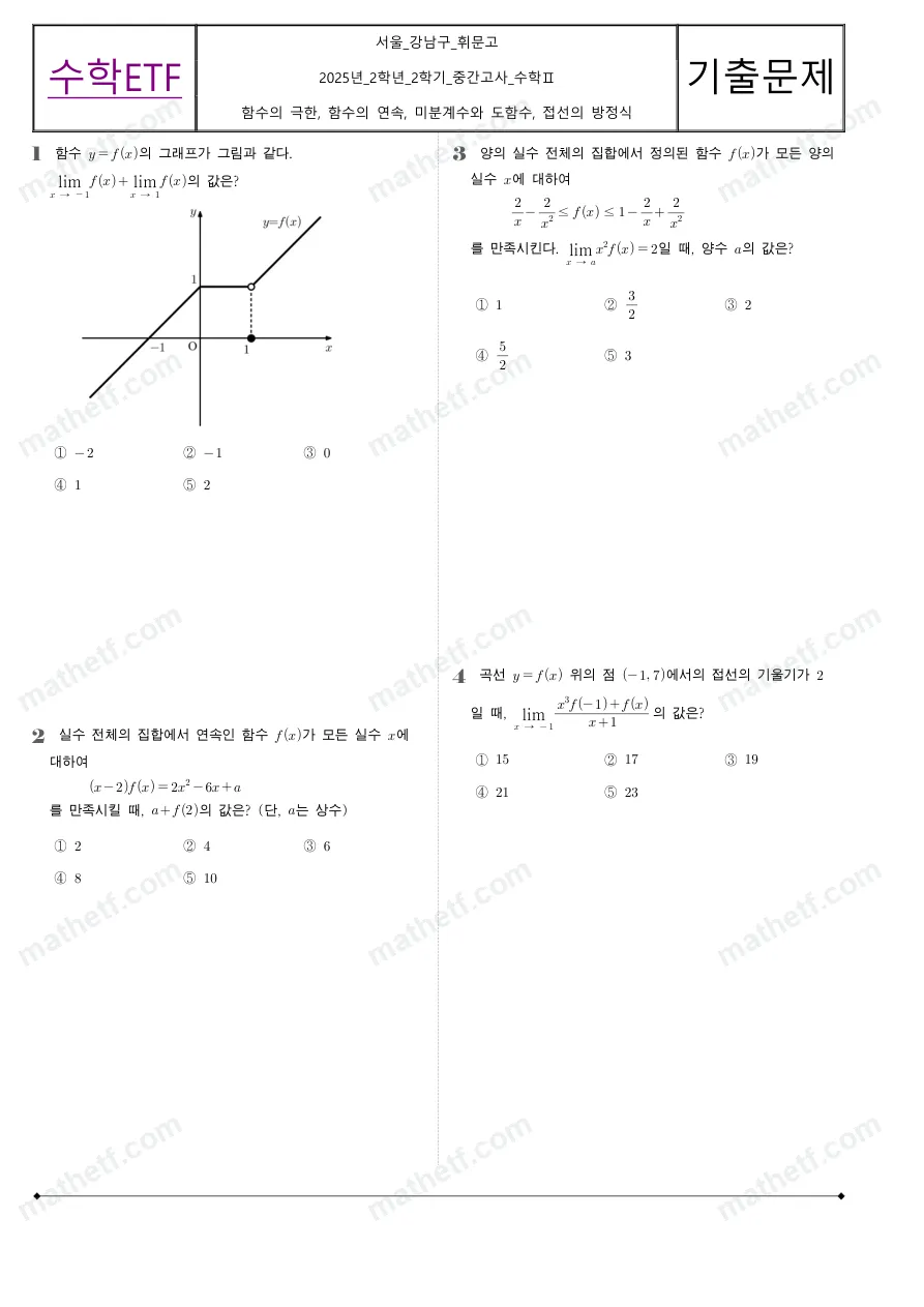 휘문고등학교 2025년 2학년 2학기 중간고사 수학II 수학 기출문제 미리보기 1페이지