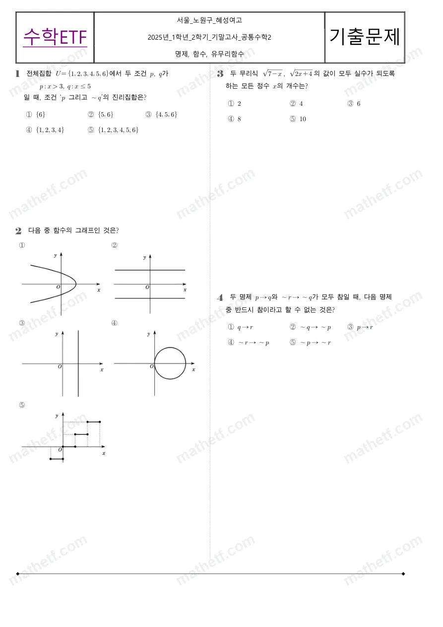 혜성여자고등학교 2025년 1학년 2학기 기말고사 공통수학2 수학 기출문제 미리보기 1페이지