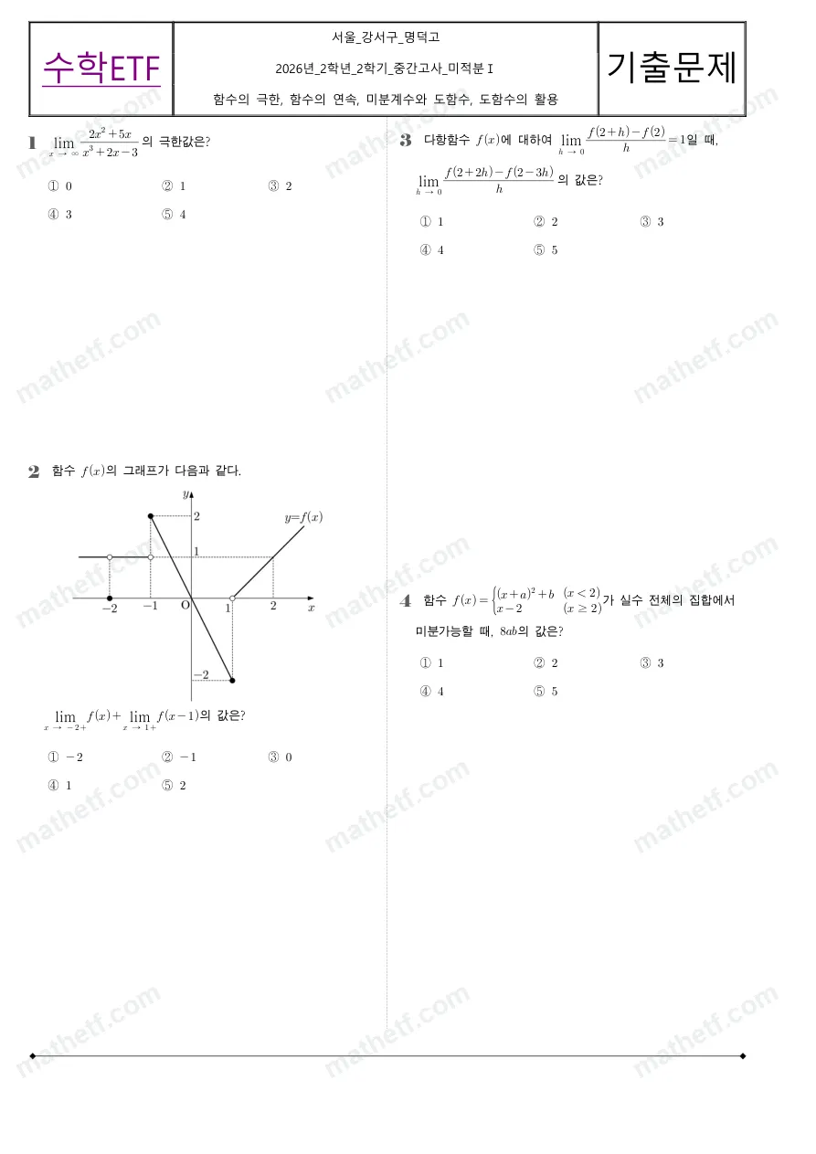 명덕고등학교 2026년 2학년 2학기 중간고사 미적분I 수학 기출문제 미리보기 1페이지
