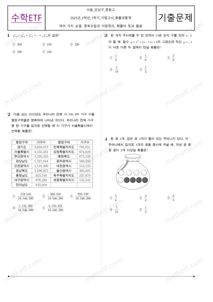 중동고등학교 2025년 2학년 1학기 기말고사 확률과통계 수학 기출문제 미리보기 1페이지