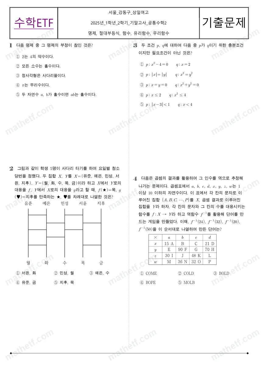 상일여자고등학교 2025년 1학년 2학기 기말고사 공통수학2 수학 기출문제 미리보기 1페이지
