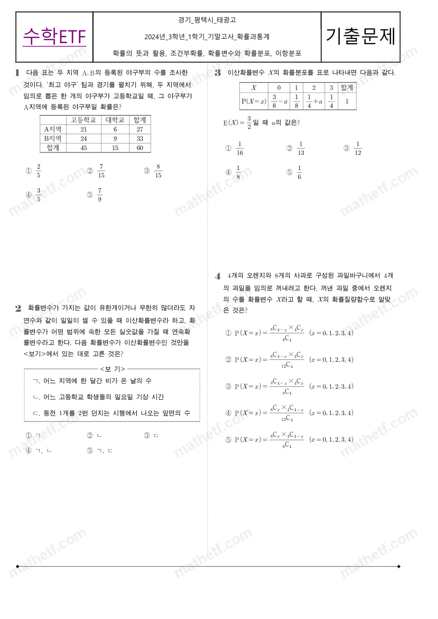 태광고등학교 2024년 3학년 1학기 기말고사 확률과통계 수학 기출문제 미리보기 1페이지