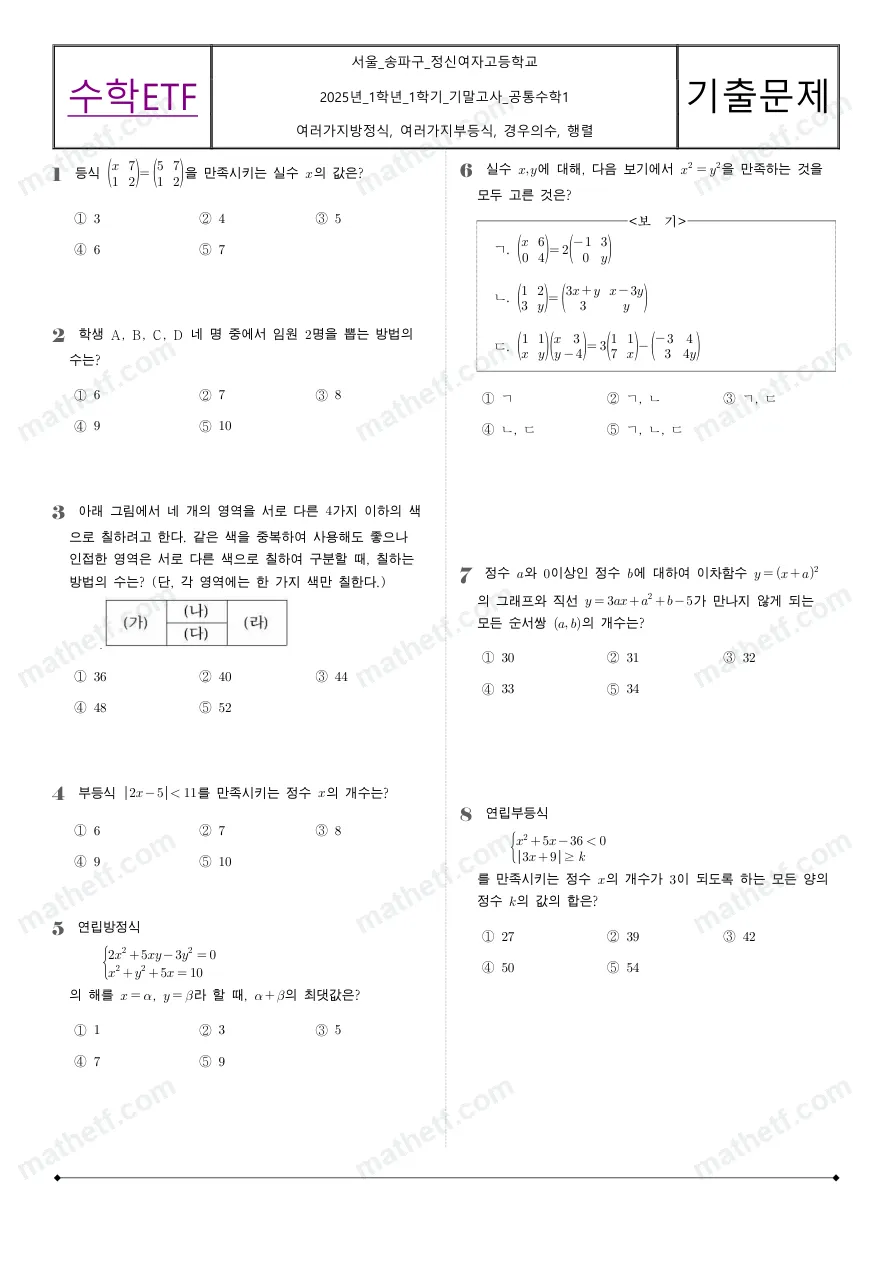 정신여자고등학교 2025년 1학년 1학기 기말고사 공통수학1 수학 기출문제 미리보기 1페이지