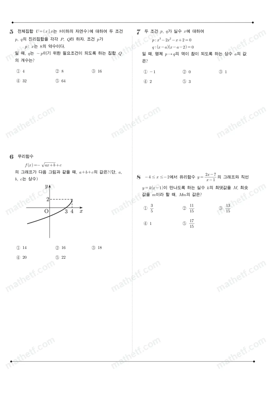 숙명여자고등학교 2025년 1학년 2학기 기말고사 공통수학2 수학 기출문제 미리보기 2페이지