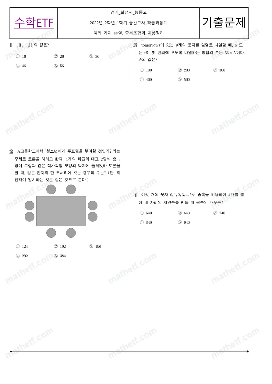 능동고등학교 2022년 2학년 1학기 중간고사 확률과통계 수학 기출문제 미리보기 1페이지