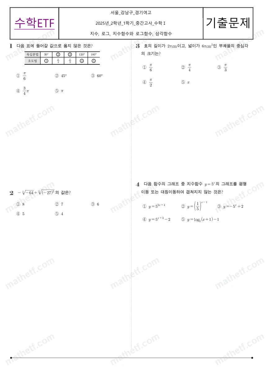 경기여자고등학교 2025년 2학년 1학기 중간고사 수학I 수학 기출문제 미리보기 1페이지