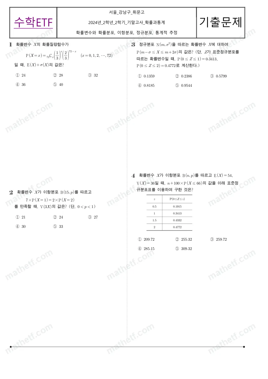 휘문고등학교 2024년 2학년 2학기 기말고사 확률과통계 수학 기출문제 미리보기 1페이지