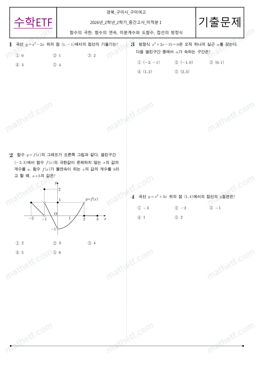구미여자고등학교 2026년 2학년 2학기 중간고사 미적분I 수학 기출문제 미리보기 1페이지