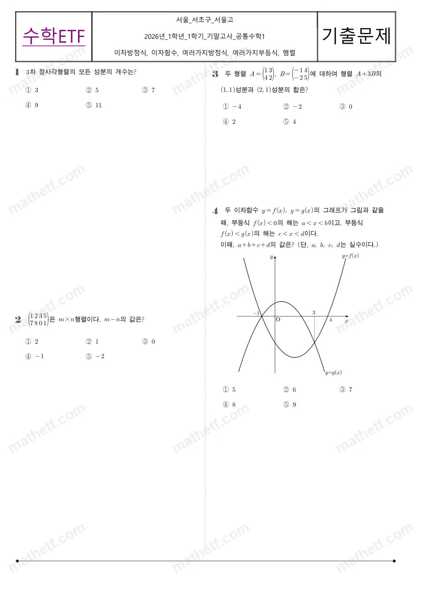 서울고등학교 2026년 1학년 1학기 기말고사 공통수학1 수학 기출문제 미리보기 1페이지