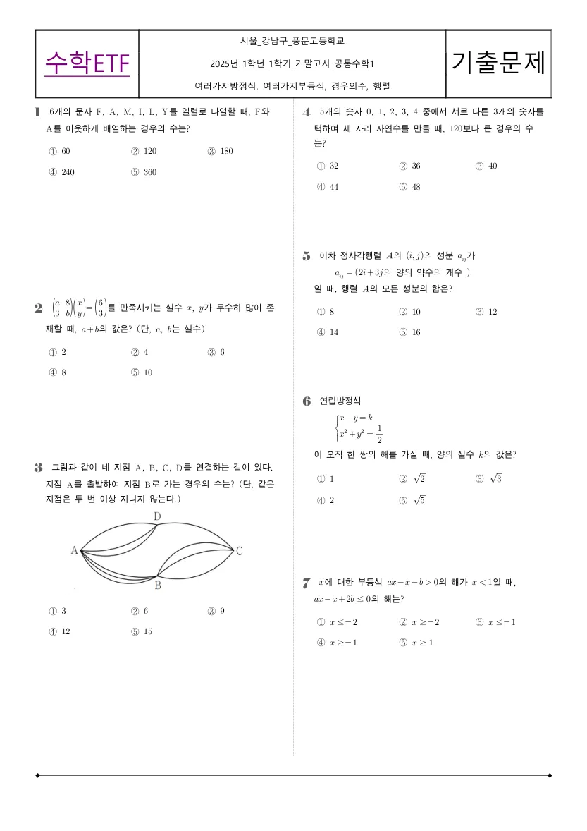 풍문고등학교 2025년 1학년 1학기 기말고사 공통수학1 수학 기출문제 미리보기 1페이지