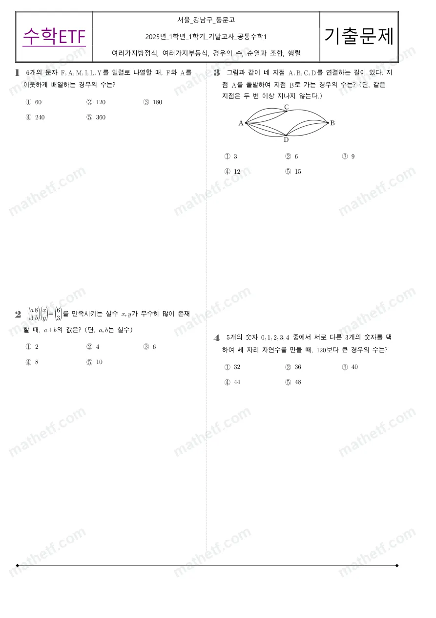 풍문고등학교 2025년 1학년 1학기 기말고사 공통수학1 수학 기출문제 미리보기 1페이지
