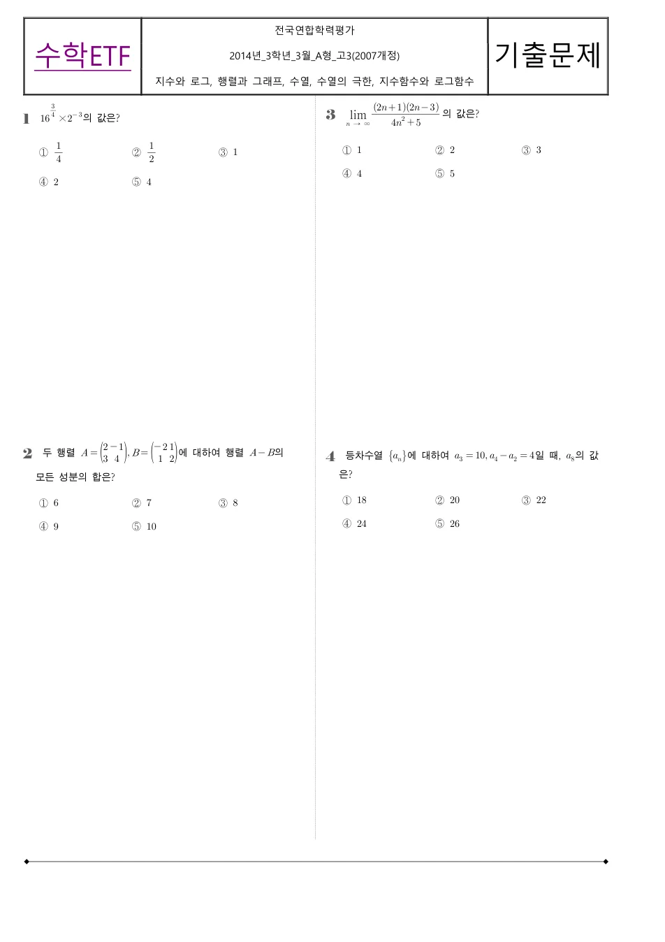 2014 고3 3월 전국연합 수학 A형 수학 기출문제 미리보기 1페이지
