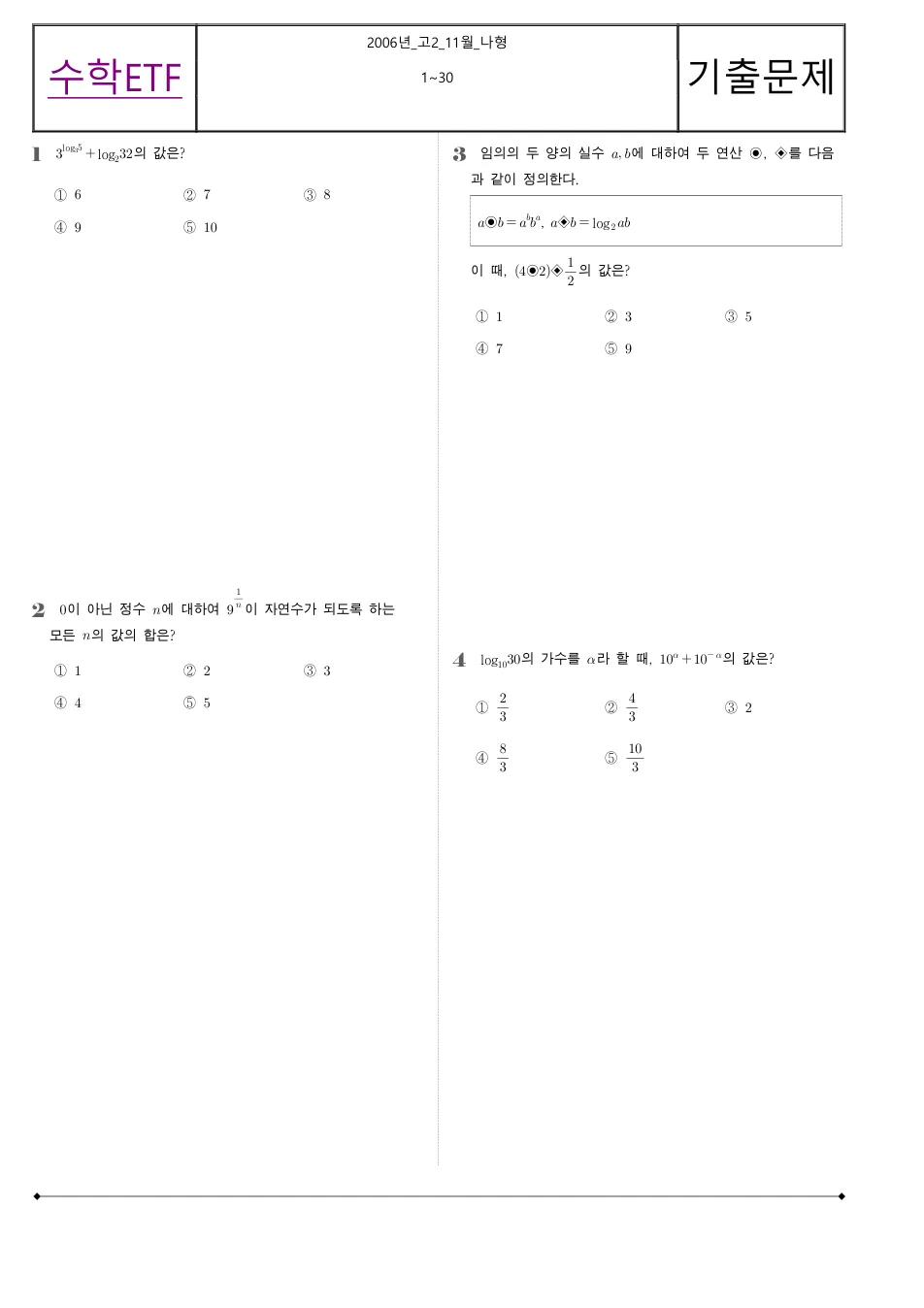 2006 고2 11월 전국연합 수학 나형 수학 기출문제 미리보기 1페이지
